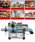 Smooth Operator High Speed Automatic Round Bottle Labeling Machine With Desktop Conveyor Belt showing setup for various bottle types.