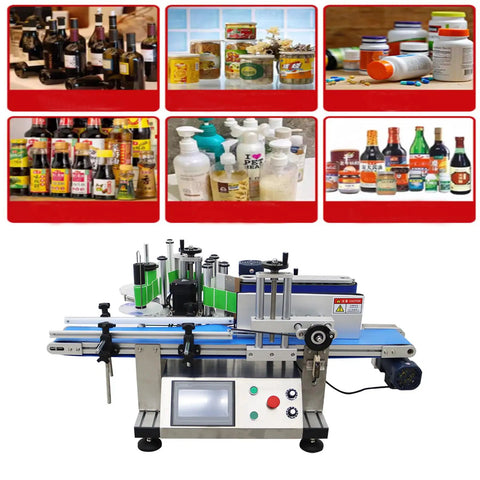 Smooth Operator High Speed Automatic Round Bottle Labeling Machine With Desktop Conveyor Belt showing setup for various bottle types.