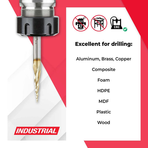 Front view of CNC Carving Ball Nose Router Bit With ZrN Coating For 2D And 3D Work, Pro Grade HSS High Speed Steel with material list.