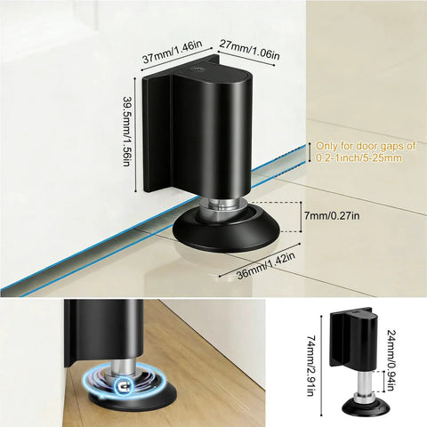 Stainless Steel Magnetic Door Stopper With Retractable Catch For Easy Open No Drill Or 3M Adhesive Install Screws Included Fits Gaps Up To One Point Four Inches Keeps Doors Open Securely Black Finish 1 Pack shown installed on a door