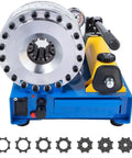 Solid Built Lightweight Manual Hydraulic Hose Crimping Tool Equipped With Seven Swappable Dies for high-pressure tubing projects, with dies showcased.