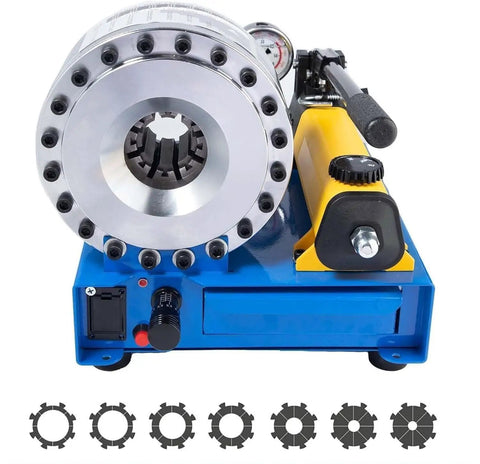 Solid Built Lightweight Manual Hydraulic Hose Crimping Tool Equipped With Seven Swappable Dies for high-pressure tubing projects, with dies showcased.