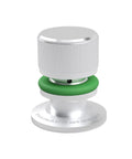 Front view of bmotiontech KF25 vent valve with white knurled cap, green gasket, metal base