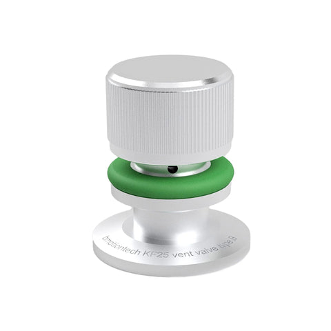 Front view of bmotiontech KF25 vent valve with white knurled cap, green gasket, metal base