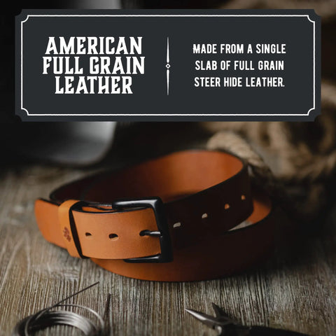 All American Leather Belt For Men Made In USA Heavy Duty Work EDC Belt Veg Tanned Full Grain American Steer Hide on table