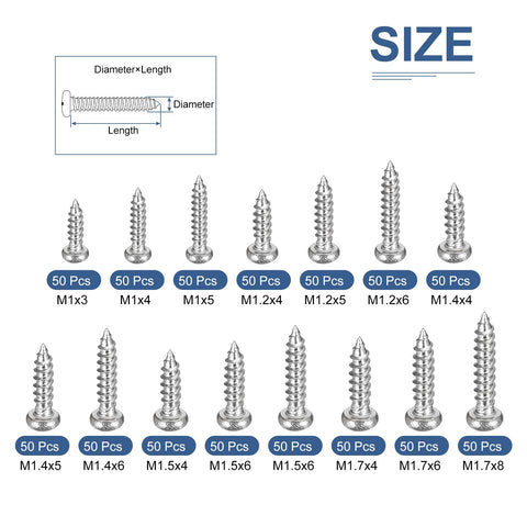 Carbon Steel Nickel Plated Mini Screw Kit With 750 Self Tapping Phillips Pan Head Screws Electronics DIY Assortment In 15 Sizes M1x3 To M1.7x8 Includes Elbow Tweezers Pro Grade Small Screws For PC Repair And Gadgets
