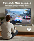 Person gaming on TV with Pro Grade 25 Pack Cat6 RJ45 Pass Through Connectors, UL Listed, 10Gbps Unshielded Ethernet Plugs