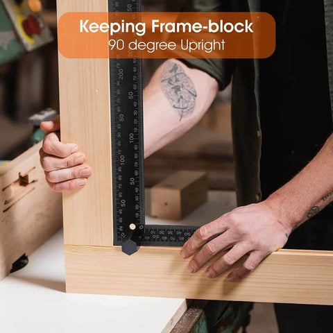 Stair Gauges For Framing Square With Holder And Hook, Workhorse Aluminum Alloy Rafter Gauges in use, ensuring 90 degree upright frame