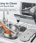 Stainless Steel Food Mill With Three Milling Discs, Hand Crank Rotary Action, Silicone Handle shown with dishwasher-safe parts