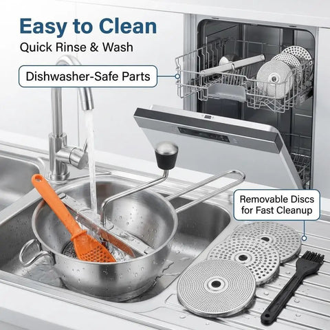 Stainless Steel Food Mill With Three Milling Discs, Hand Crank Rotary Action, Silicone Handle shown with dishwasher-safe parts