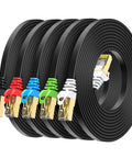 Cat8 Ethernet Cable 5 Ft Flat 5 Pack Multi Color High Speed 40Gbps cords with RJ45 connectors displayed in a row