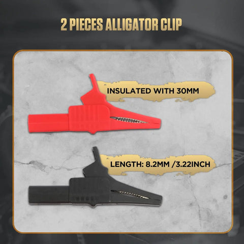Two insulated alligator clips from 68 Piece Multimeter Test Leads Kit With Replaceable Wire Piercing Probes 32A 1000V Alligator Clips Banana.