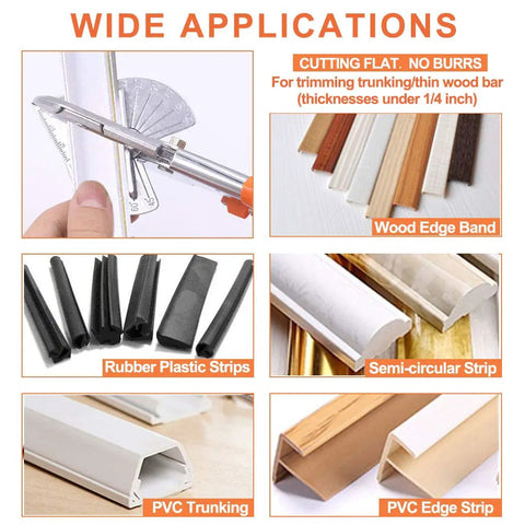 Wide applications of Multi Angle Miter Cutter for trimming wood edge band, PVC trunking, and rubber plastic strips