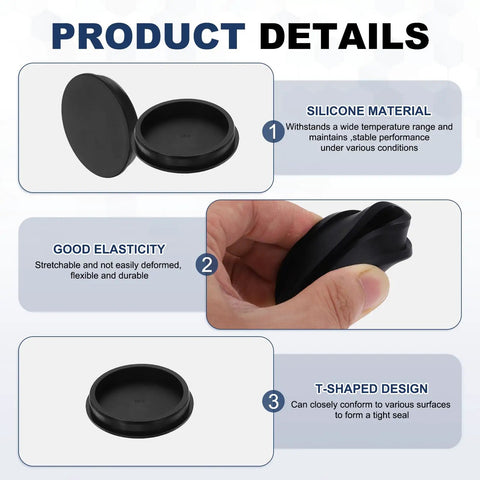 4 Pack T Shaped Silicone Plugs 108.3mm Diameter Snap In Hole Seals round rubber stopper shown with hand illustrating flexibility