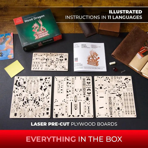 Mind Blowing Wood Dragon 3D Puzzle For Adults With Hidden Compartment kit contents displayed on table