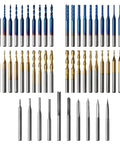 Genmitsu 50pc tungsten carbide end mill set, 1/8 in shank, nano blue coat; includes straight ball nose, PCB and VG bits