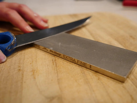Two Sided Diamond Sharpening Stone, 6 Inch Bench Stone With Fine And Extra Fine Grits For Knives, Chisels, And Planes in use