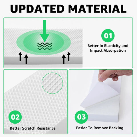 4 Pack Car Door Protector Strips Self Adhesive EVA Foam Wall Guard For Garage And Parking Anti Collision Bumper Shield Protects Doors, Bumpers, And Body Panels From Scratches And Dings, Oil Water Heat Resistant White 11.8 x 3.9 x 1.2 Inches showing updated material features including elasticity and scratch resistance.