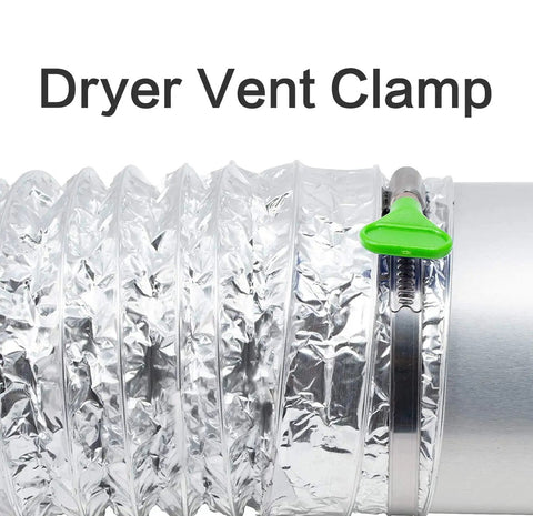 12 Pack Two and a Half Inch Key Type Adjustable Stainless Steel Hose Clamps for Dust Collection and Air Ducts Pipe and Dryer Vent Durable Worm Gear Clamps with Thumb Screw Leakproof Metal Hose Band shown on a dryer vent.