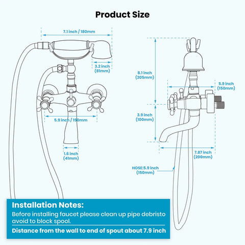 Dimensional diagram of Wall Mount Clawfoot Bathtub Faucet With Handheld Spray And 360 Degree Swivel Spout Vintage Antique Brass Finish