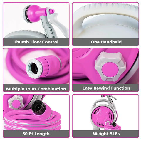 Portable Hose Reel For Outdoor Use, 50Ft Garden Hose Reel With Six Pattern Spray Nozzle, lightweight pink design collage
