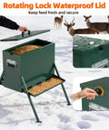 Rock Solid Heavy Duty Deer Feeder Delivering Ninety To One Hundred Ten Pound Capacity And Eighteen Gallon Storage shows rotating lock waterproof lid.