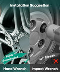 Installation suggestion image for Twenty Premium 14x1.5 Extended Lug Bolts showing hand wrench recommended and impact wrench not allowed.