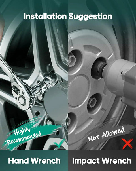 Installation suggestion image for Twenty Premium 14x1.5 Extended Lug Bolts showing hand wrench recommended and impact wrench not allowed.