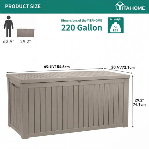 Beefy 220 Gallon XL Outdoor Storage Deck Box With Divider Built For Real Life Use, Weatherproof Resin, Lockable Lid, Taupe