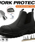 All Day Comfort Steel Toe Work Boots For Men Waterproof Lightweight Non Slip Safety Shoes Built For Construction And Industrial Jobs With Reinforced Toe Caps And ASTM Certified Boss Level Protection, black side view with toe cap insert and non-slip sole.