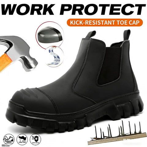 All Day Comfort Steel Toe Work Boots For Men Waterproof Lightweight Non Slip Safety Shoes Built For Construction And Industrial Jobs With Reinforced Toe Caps And ASTM Certified Boss Level Protection, black side view with toe cap insert and non-slip sole.