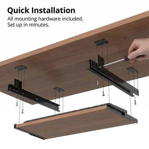 Underdesk Keyboard Tray Sliding Rails Heavy Duty Steel Drawer Slides Ball Bearing Extension Rails Hardware Kit Pull Out Keyboard Slides Quiet Mount Telescopic Runners For Office Desks And Home Setup installed under wood desk with screws