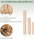 Elite 90 Pc Wooden Dowel Pins 8X30Mm Fluted With Beveled Ends Tough Dried Hardwood Pegs displayed in various sizes with wood shavings.