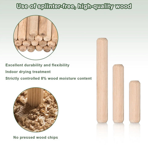Elite 90 Pc Wooden Dowel Pins 8X30Mm Fluted With Beveled Ends Tough Dried Hardwood Pegs displayed in various sizes with wood shavings.
