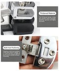 Close-up of Heavy Duty No Drill Glass Door Hinges 4-7mm zinc alloy with multi-hole design for showcases and cabinets, silver
