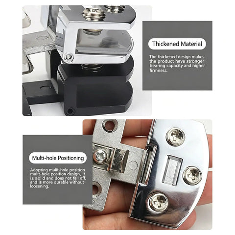 Close-up of Heavy Duty No Drill Glass Door Hinges 4-7mm zinc alloy with multi-hole design for showcases and cabinets, silver