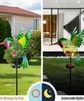 Outdoor Solar Hummingbird Garden Lights for Pathway and Patio dual view: day solar charging and night warm yellow LED illumination