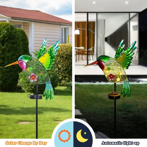 Outdoor Solar Hummingbird Garden Lights for Pathway and Patio dual view: day solar charging and night warm yellow LED illumination