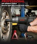 No-Sense Real Deal Heavy Duty 1/2 Inch Drive Air Impact Wrench With Twin Hammer Mechanism in use on a pickup truck tire.