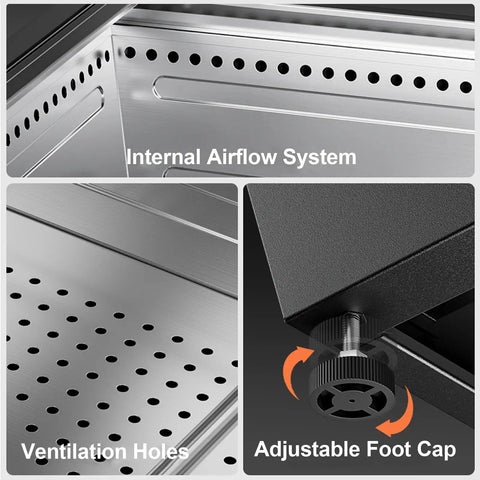 Portable 35 Inch Smokeless Fire Pit For Outdoors showing internal airflow, ventilation holes, and adjustable foot cap detail.