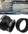 Frtcaty 4" to 3" Black PVC Reducer Coupler & Gate Valve Bushing with 2pcs Clamps RV Plumbing Compatible with PVC Pipe Coupler Adapter RV Sewer Connection displayed installed in piping system