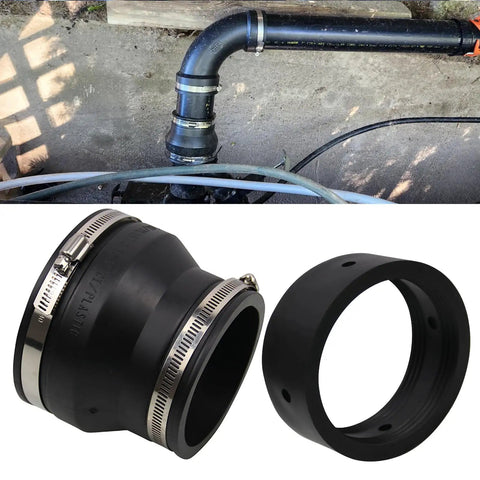 Frtcaty 4" to 3" Black PVC Reducer Coupler & Gate Valve Bushing with 2pcs Clamps RV Plumbing Compatible with PVC Pipe Coupler Adapter RV Sewer Connection displayed installed in piping system
