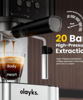 Professional 20 Bar Espresso Coffee Maker With Built In Steam Wand And Silky Milk Frother, brewing espresso in glass cup.