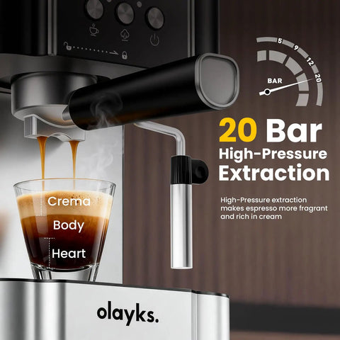 Professional 20 Bar Espresso Coffee Maker With Built In Steam Wand And Silky Milk Frother, brewing espresso in glass cup.