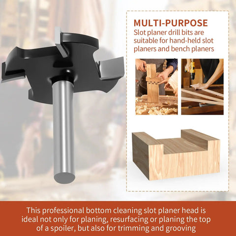 CNC Spoilboard Surfacing Router Bit With 1/4 Inch Shank, Extra Large 1-1/2 Inch Cutting Diameter shown with examples of planing and dado work