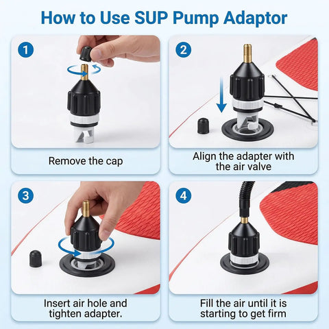 Inflatable Boat and Stand Up Paddle Board Pump Adapter Duo for Fast Inflation and Deflation Leak Proof SUP Kayak Valve Adapters instruction