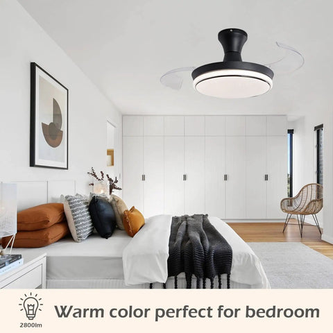 Retractable 40 Inch Black Ceiling Fan With Light And Remote, Low Profile Flush Mount in modern bedroom setting