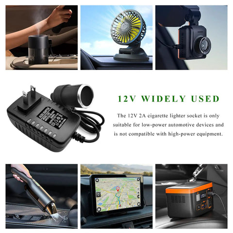 No Sweat Ac To Dc Converter 100 To 240 Voltage Ac To 12 Volt 2 Amp Dc 24 Watt Wall Plug Adapter powering multiple low-power devices in a car.