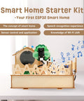 ESP32 Smart Home IoT Starter Kit with mini house model, sensors, and app control for teens and makers, STEM learning project shown.