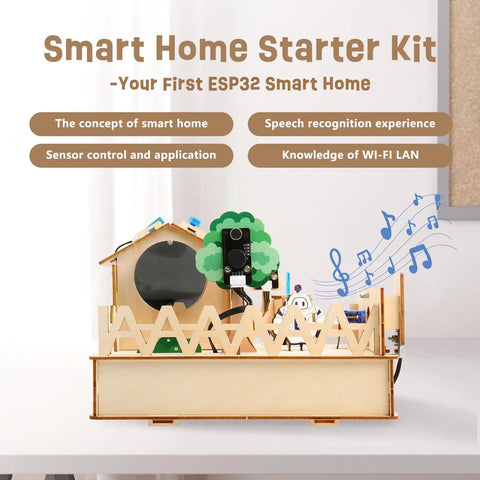 ESP32 Smart Home IoT Starter Kit with mini house model, sensors, and app control for teens and makers, STEM learning project shown.